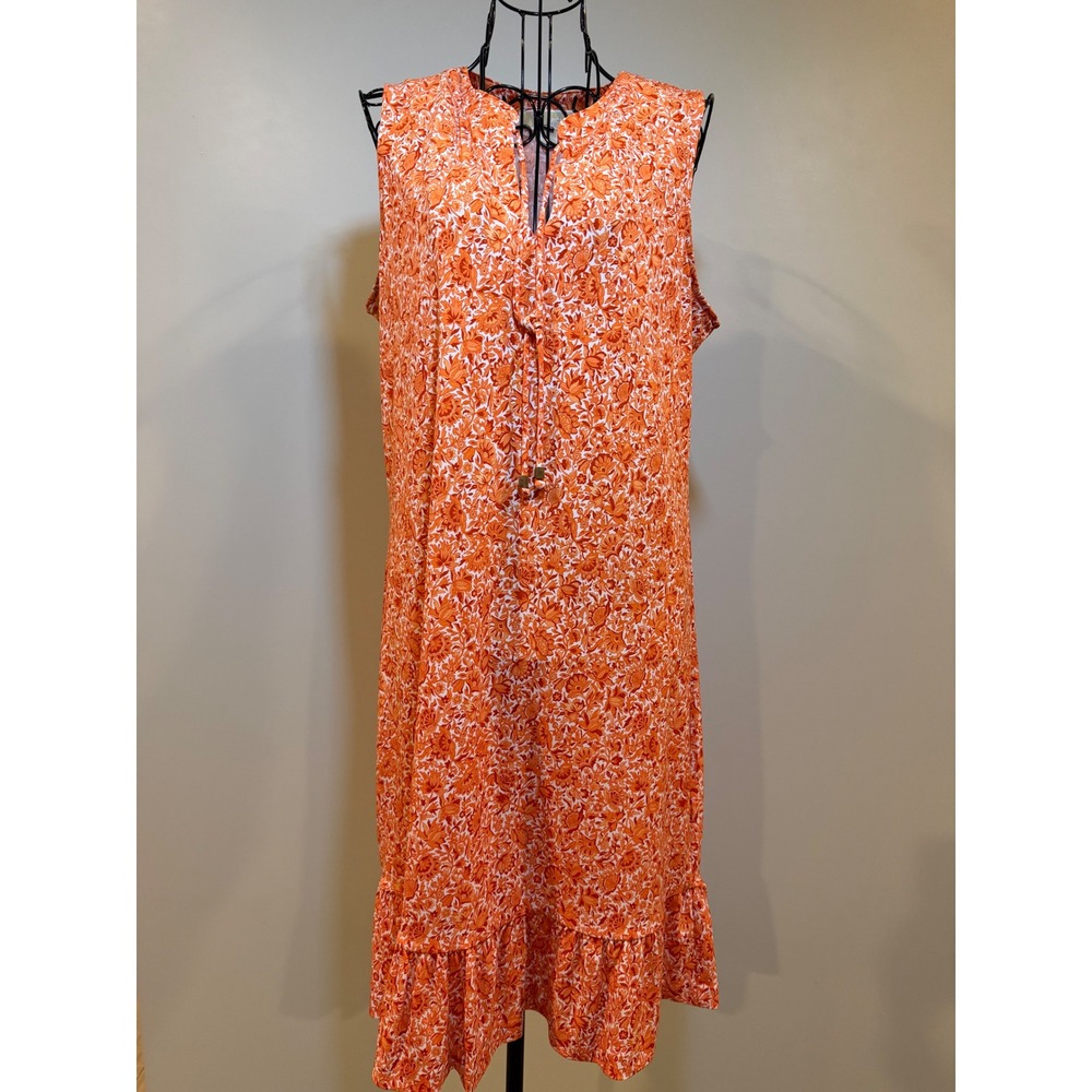 Michael Kors Orange Floral Paisley Sleeveless Ruffle Hem Shift Dress Womens M